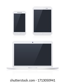 Conjunto de Dispositivos Tecnológicos Blancos con Pantalla Negra en Blanco en Fondo . Elementos vectores aislados
