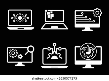 Conjunto de iconos de tecnología blanca sobre fondo negro que representan el procesamiento de datos y sistemas digitales