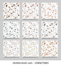 Set of white terrazzo flooring seamless pattern. Marble texture. Tiles illustration. Modern surface. Vector natural stone. Abstract background