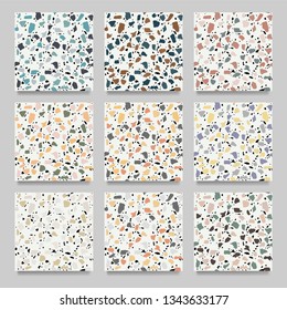 Set of white terrazzo flooring seamless pattern. Marble texture. Tiles illustration. Modern surface. Vector natural stone. Abstract background