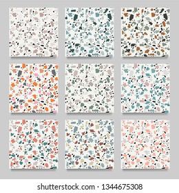 Set of white terrazzo flooring seamless pattern. Marble texture. Tiles illustration. Modern surface. Vector natural stone. Abstract background