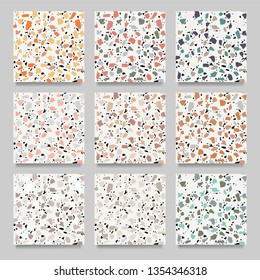 Set of white terrazzo flooring seamless pattern. Marble texture. Tiles illustration. Modern surface. Vector natural stone. Abstract background