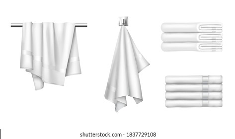 Set of white terry towel in stack or hanging for use in luxury hotel or resort spa. Clean hygiene items for bathing realistic on white background. Vector illustration