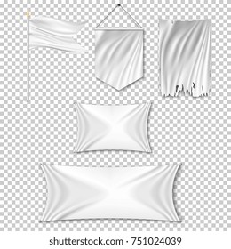 Set white textile banners and flags on transparent background. Vector illustration.