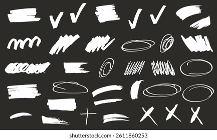 A set of white textured brushes on a dark background. Hand-drawn sketches of doodles, brush strokes, frames, crosses and checkmarks. Abstract vector brushes made with pencil, marker and acrylic. 