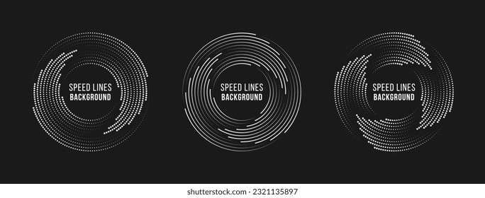 Set of white thick halftone dotted speed lines.Speed Lines in Circle Form.