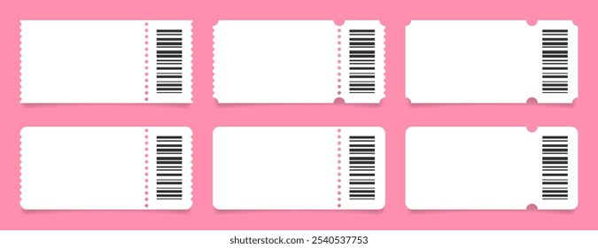 Set of white ticket mockups with bar codes, ruffle edges and shadows. Empty template. Concert, movie or theater ticket. Boarding blank, lottery, sale coupon
