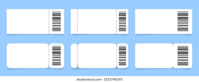 Set of white ticket mockups with bar codes, ruffle edges and shadows. Empty template. Concert, movie or theater ticket. Boarding blank, lottery, sale coupon	