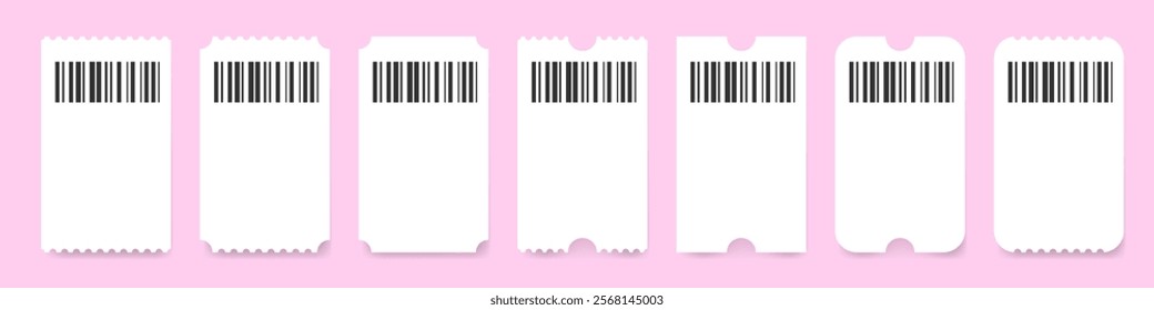 Set of white ticket mockups with bar codes, ruffle edges and shadows. Small vertical empty templates. Concert, movie or theater ticket. Blank, lottery, sale coupon