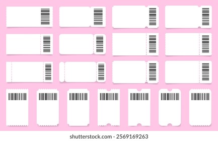 Set of white ticket mockups with bar codes, ruffle edges and shadows. Empty template. Concert, movie or theater ticket. Boarding blank, lottery, sale coupon	