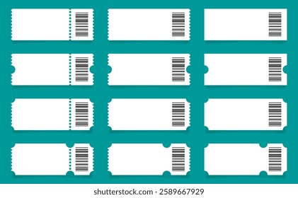 Set of white ticket mockups with bar codes, ruffle edges and shadows. Empty template. Concert, movie or theater ticket. Boarding blank, lottery, sale coupon