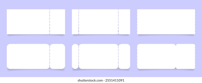 Set of white ticket mockups with ruffle edges and shadows. Empty template. Concert, movie or theater ticket. Boarding blank, lottery, sale coupon	