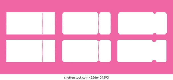 Set of white ticket mockups with ruffle edges and shadows. Empty template. Concert, movie or theater ticket. Boarding blank, lottery, sale coupon