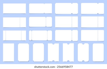 Set of white ticket mockups with ruffle edges and shadows. Empty template. Concert, movie or theater ticket. Boarding blank, lottery, sale coupon	