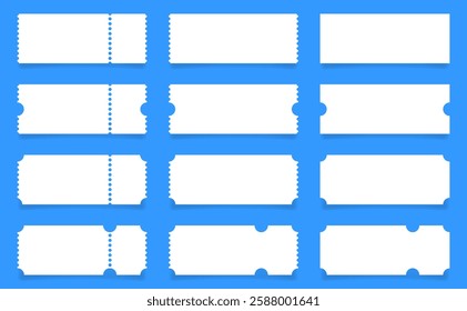 Set of white ticket mockups with ruffle edges and shadows. Empty template. Concert, movie or theater ticket. Boarding blank, lottery, sale coupon