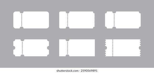 Set of white ticket mockups with ruffle edges and shadows. Empty template. Concert, movie or theater ticket. Boarding blank, lottery, sale coupon