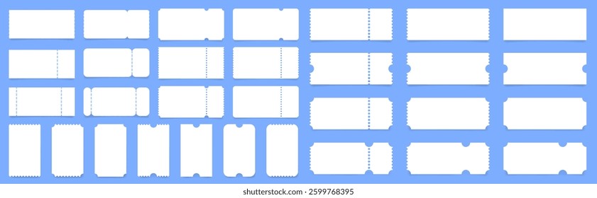 Set of white ticket mockups with ruffle edges and shadows. Empty template. Concert, movie or theater ticket. Boarding blank, lottery, sale coupon