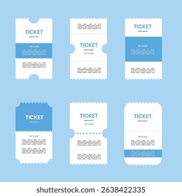 Set of white ticket mockups with ruffle edges and shadows. Empty template. Concert, movie or theater ticket. ticket VIP Boarding blank, lottery, sale coupon