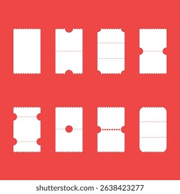 Set of white ticket mockups with ruffle edges and shadows. Empty template. Concert, movie or theater ticket. 