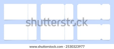 Set of white ticket mockups with ruffle edges and shadows. Empty template. Concert, movie or theater ticket. Boarding blank, lottery, sale coupon