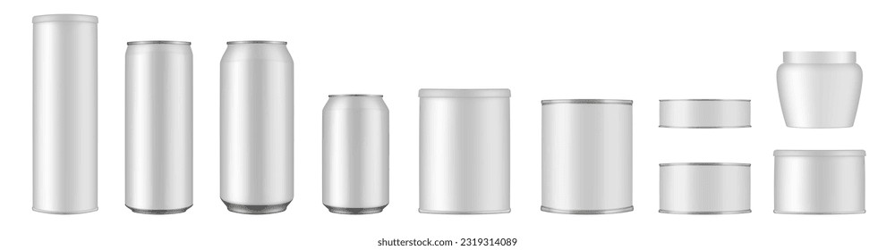 Set of white tin cans and jars. Coffee or tea canister. Tin can for preserves or pet food. Beer, cocktail or soda can. Chips tube. Cookie jar. Round box for sugar or flour