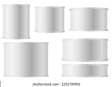 Set of white tins can with plastic cap for baby powder milk, instant coffee, cereal etc. White Blank Tincan Metal Tin Can, Canned Food. Vector.