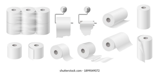 Set of white toilet paper and kitchen towels tubes mockup isolated on white background. Paper napkins package design. 3d realistic vector illustration