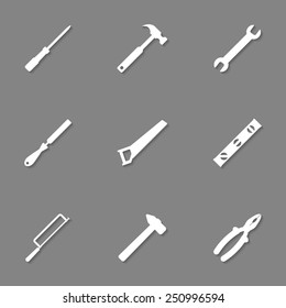 set of white tools with shadow. concept of under construction, workflow, build instrument, menial work. isolated on grey stylish background. flat style trendy modern design logo vector illustration