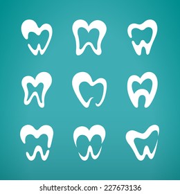 Set of white tooth icons isolated on a turquoise background. Vector illustration.