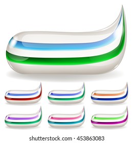 Set of white toothpaste with colored stripes extruded from a tube