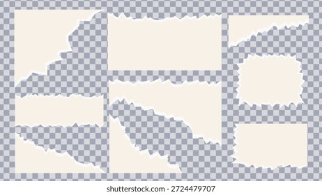 Conjunto de piezas de papel de cuaderno rasgado blanco. Tiras de papel rasgadas. Hojas realistas del cuaderno, pedazos de página del cuaderno, con los bordes rasgados. Ilustración vectorial.