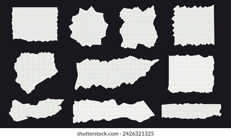 Set of white torn paper. Checked notebook sheets. Paper cuttings for collages and scrapbooking. Modern vector illustration design.