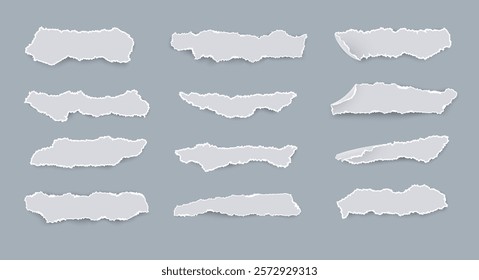 Set of white torn paper pieces of different shapes isolated on light background. Sheet of paper with shadows and torn edges. Vector illustration.