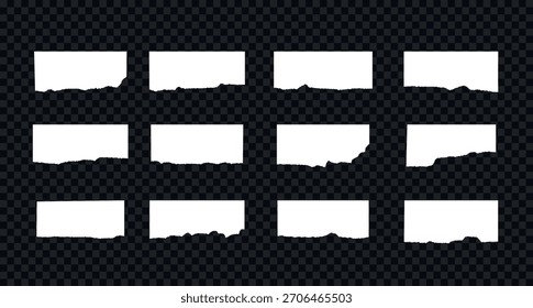 Conjunto de trozos de papel rasgados blancos. Piezas de lámina de Vector con bordes rasgados y ásperos