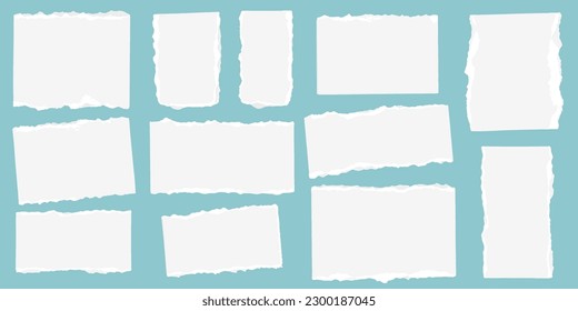 Conjunto de papel blanco roto. Colección de tiras de papel extraídas. Nota fragmentos de papel con bordes rotos aislados en fondo blanco. Pegatinas. Diferentes formas de hojas de papel realistas