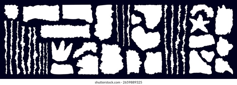 Set of white torn paper. Shapes rip with split and stroke. Color y2k cutout sheets for school, study, and scrapbook.