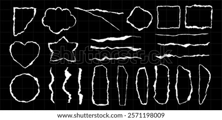 Set of white torn paper shapes on black background. Includes stars, hearts, circles, squares. Torn paper edges create a textured, ripped paper effect. Paper outline, frame vector set.