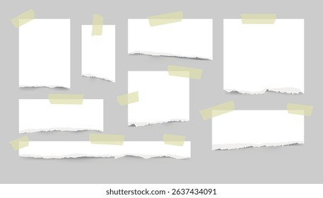 Set of white torn paper sheets with notebook edges and scraps, taped with transparent or masking tape. Ideal for banners, web design, or backgrounds.