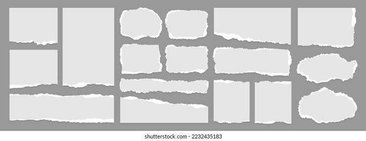 Set of white torn or ripped paper sheet. Scrapbook edge, notebook tear or blank page split vector illustration. Abstract realistic ornament or decoration clip art for social media banner background.