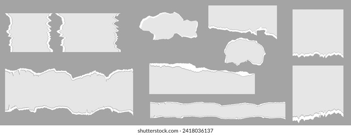 Set of white torn, ripped paper sheet. Realistic paper scraps with torn edges. White ripped paper strips set collection.  Sticky notes, shreds of notebook pages. Vector illustration.