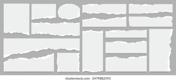 Conjunto de tiras de papel blancas rasgadas o rasgadas, nota adhesiva y recorte de periódico dañado para las redes sociales. Anuncio de negocios roto. Nota de desecho rasgada con textura de trazo de pincel. Decoración de ornamento de Vector.