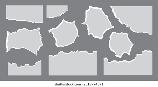 Set of white torn or ripped paper texture Scrapbook edge, notebook tear or blank page split vector illustration. Abstract realistic background.