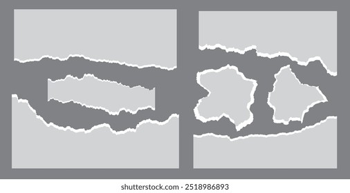 Set of white torn or ripped paper texture Scrapbook edge, notebook tear or blank page split vector illustration. Abstract realistic background.