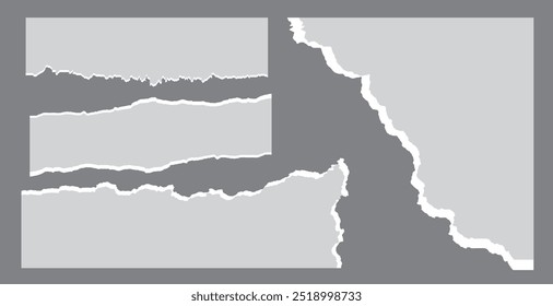 Set of white torn or ripped paper texture Scrapbook edge, notebook tear or blank page split vector illustration. Abstract realistic background.