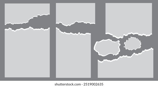 Set of white torn or ripped paper texture Scrapbook edge, notebook tear or blank page split vector illustration. Abstract realistic background.