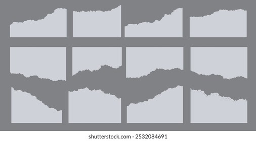 Conjunto de folhas de papel rasgadas ou rasgadas de branco. E a ilustração do vetor da divisão da página em branco, textura de papel realista abstrata