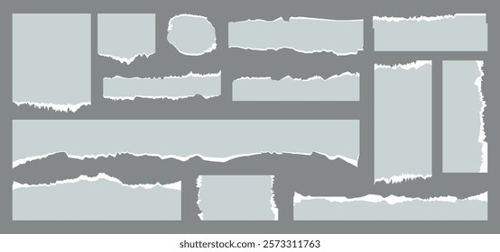 Set of white torn or ripped paper strip, sticky note and damaged newspaper cutout for social media. Ripped business banner. Torn scrap note with paint brush stroke texture. Vector ornament decoration.