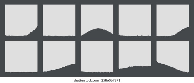 Set of white torn or ripped paper sheets. Light beige paper shapes with jagged uneven edges. Set of torn white note paper pieces, label, banner, collage, text box, sticker, poster vector illustration.