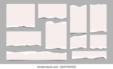 Set of white torn or ripped paper sheets. Realistic notebook edges or scrapbook scraps. Vector illustration for banners, web design, or decorative backgrounds.