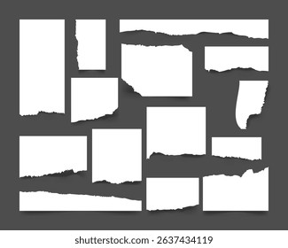 Set of white torn or ripped paper sheets. Realistic notebook edges or scrapbook scraps. Vector illustration for banners, web design, or decorative backgrounds.